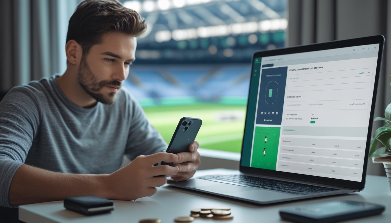 Penggemar sepak bola meninjau perangkat digital dan anggaran kecil di meja kerja.