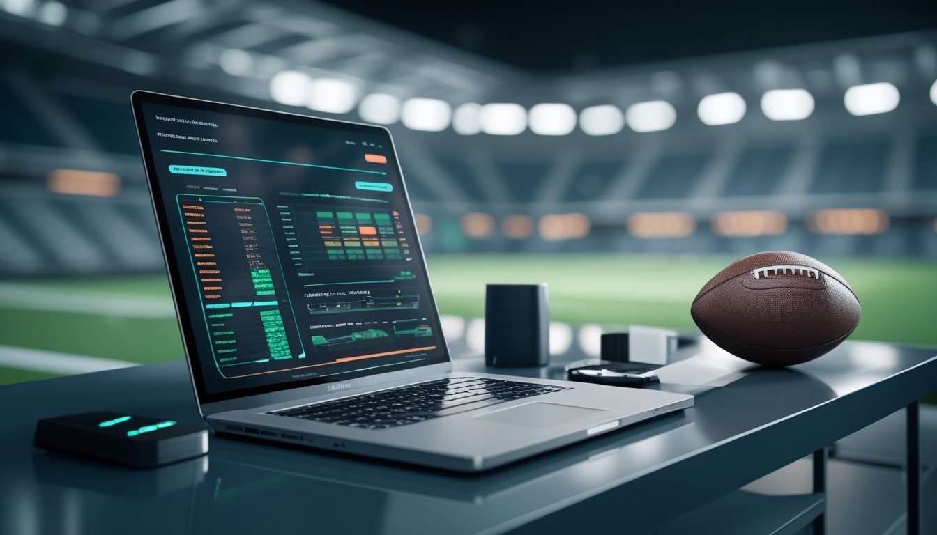 Laptop dan ponsel menampilkan analisis pertandingan sepak bola abstrak di meja kerja modern dengan latar stadion yang buram.