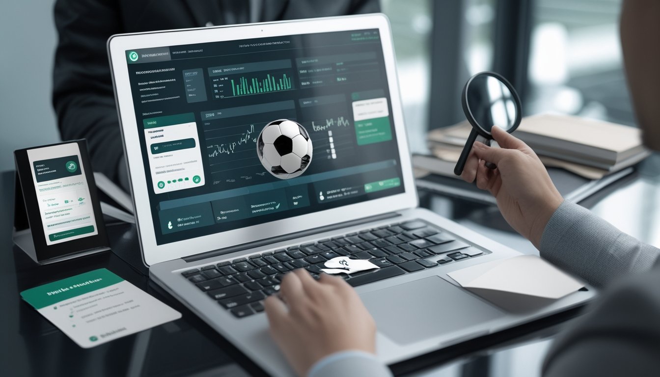 Meja kerja modern dengan laptop berisi analisis pertandingan sepak bola, simbol keamanan, dan perlengkapan verifikasi.