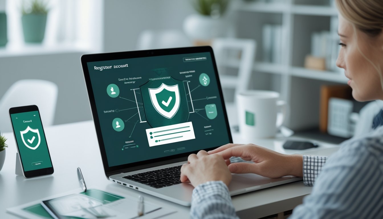 Seseorang mendaftarkan akun platform sepak bola daring melalui laptop dengan simbol keamanan dan verifikasi di sekitarnya.