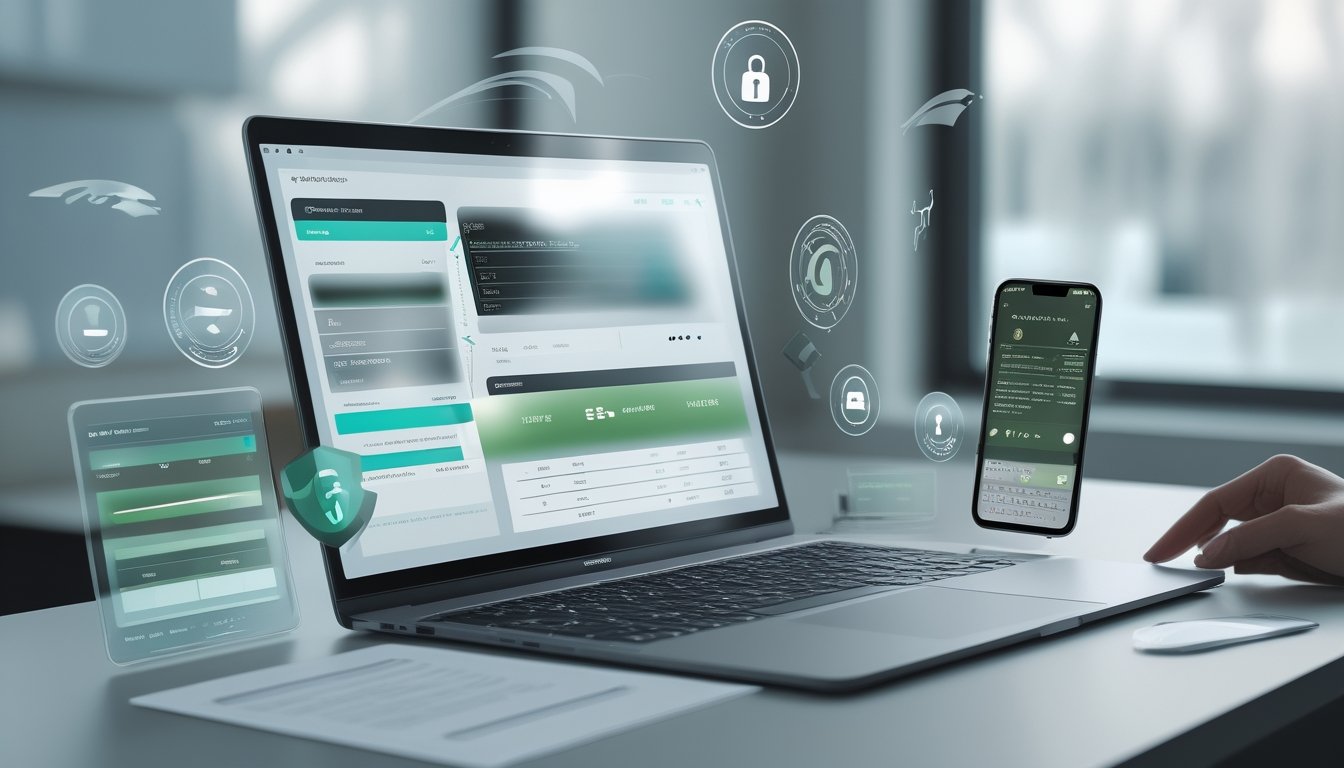 Meja kerja modern dengan laptop dan ponsel yang menampilkan analisis pertandingan sepak bola serta simbol keamanan.