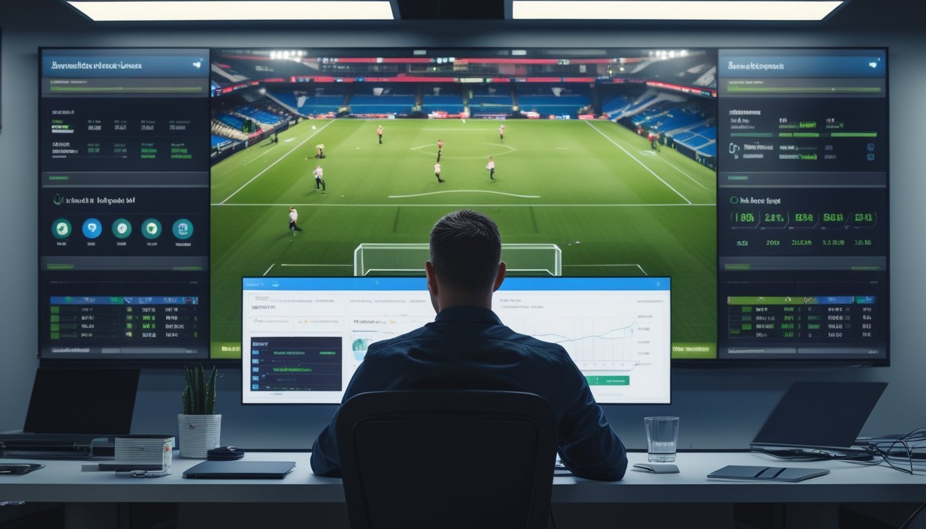 Seorang analis mengamati pertandingan sepak bola langsung dan data statistik pada beberapa layar.