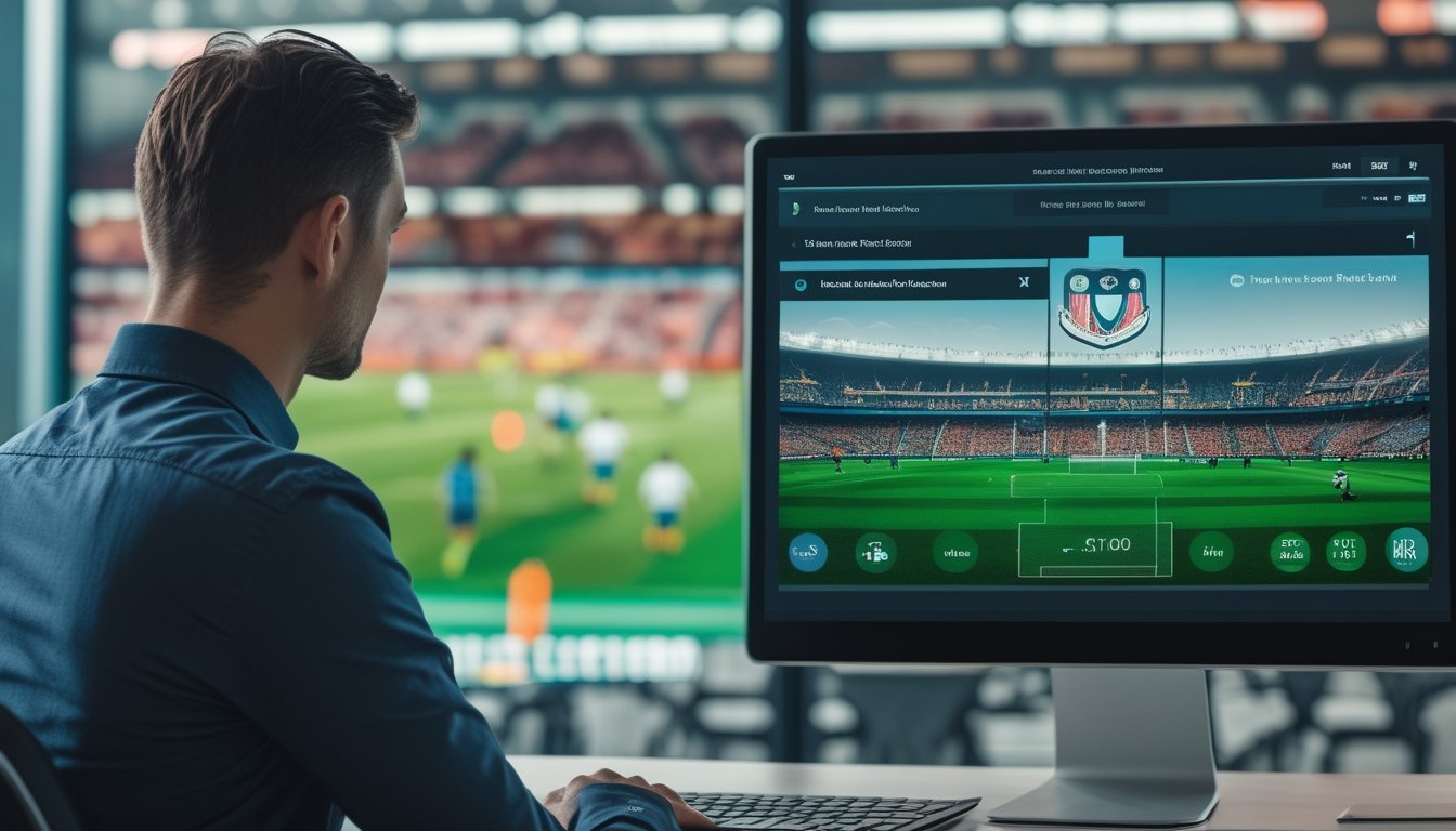 Analis olahraga membandingkan fitur platform taruhan sepak bola sambil menonton pertandingan secara langsung di monitor.