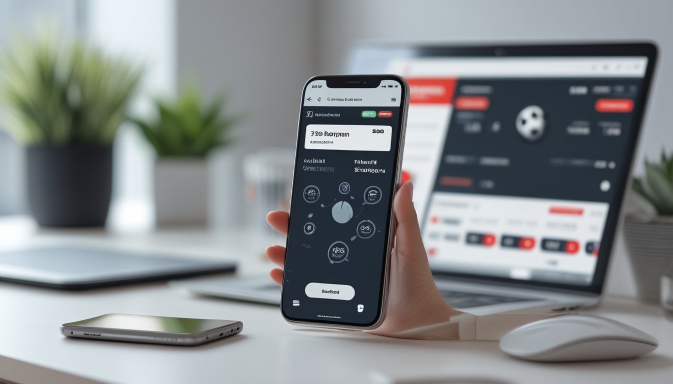 Ponsel dan laptop menampilkan konsep pembayaran digital bertema sepak bola di meja kerja modern.