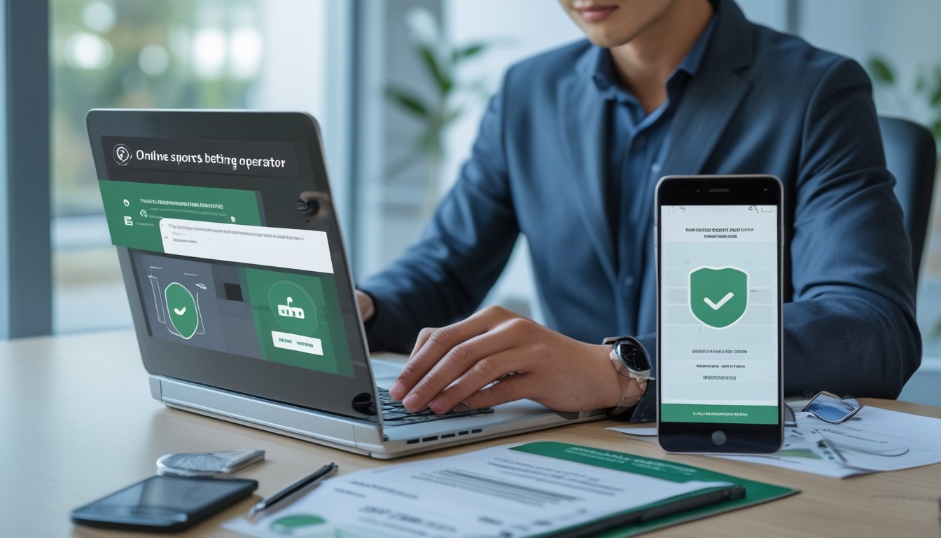Seorang profesional memeriksa keamanan dan kredibilitas platform taruhan olahraga online menggunakan laptop dan ponsel di meja kerja.