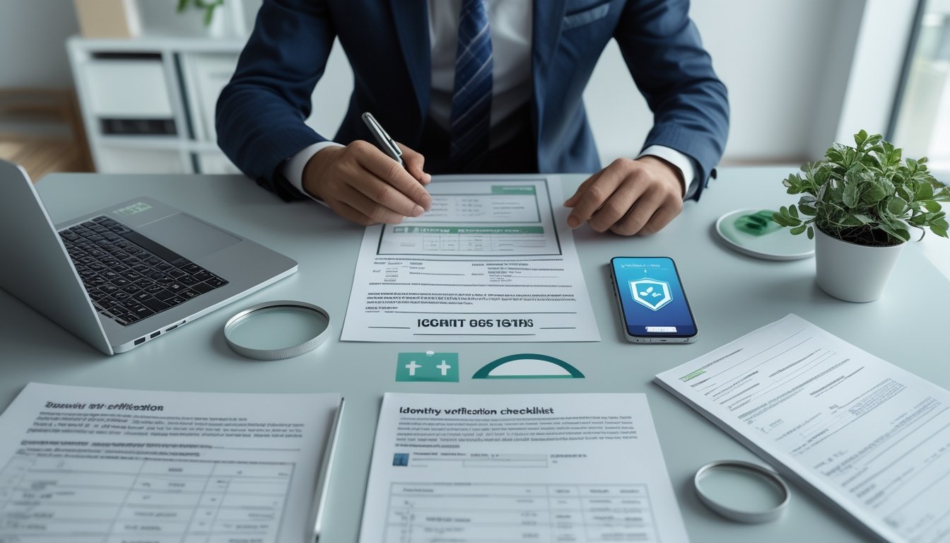 Seorang profesional memeriksa dokumen dan verifikasi keamanan operator taruhan online di meja kerja.