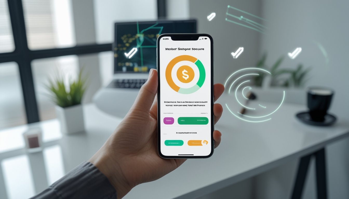 Ponsel menampilkan kode QR dan simbol pembayaran digital di atas meja kerja modern.