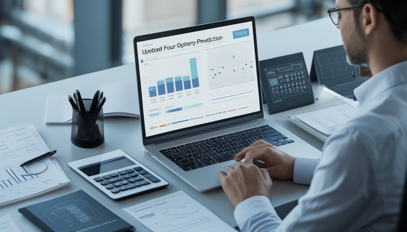 Seorang analis memeriksa grafik dan data abstrak di meja kerja modern.