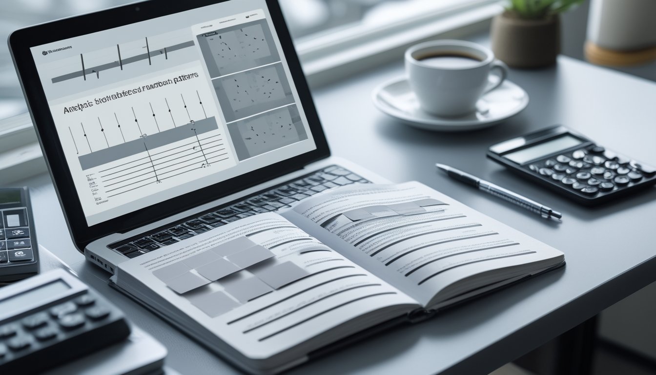 Meja kerja modern dengan buku catatan berpola angka abstrak, laptop berisi grafik samar, kalkulator, pena, dan secangkir kopi.