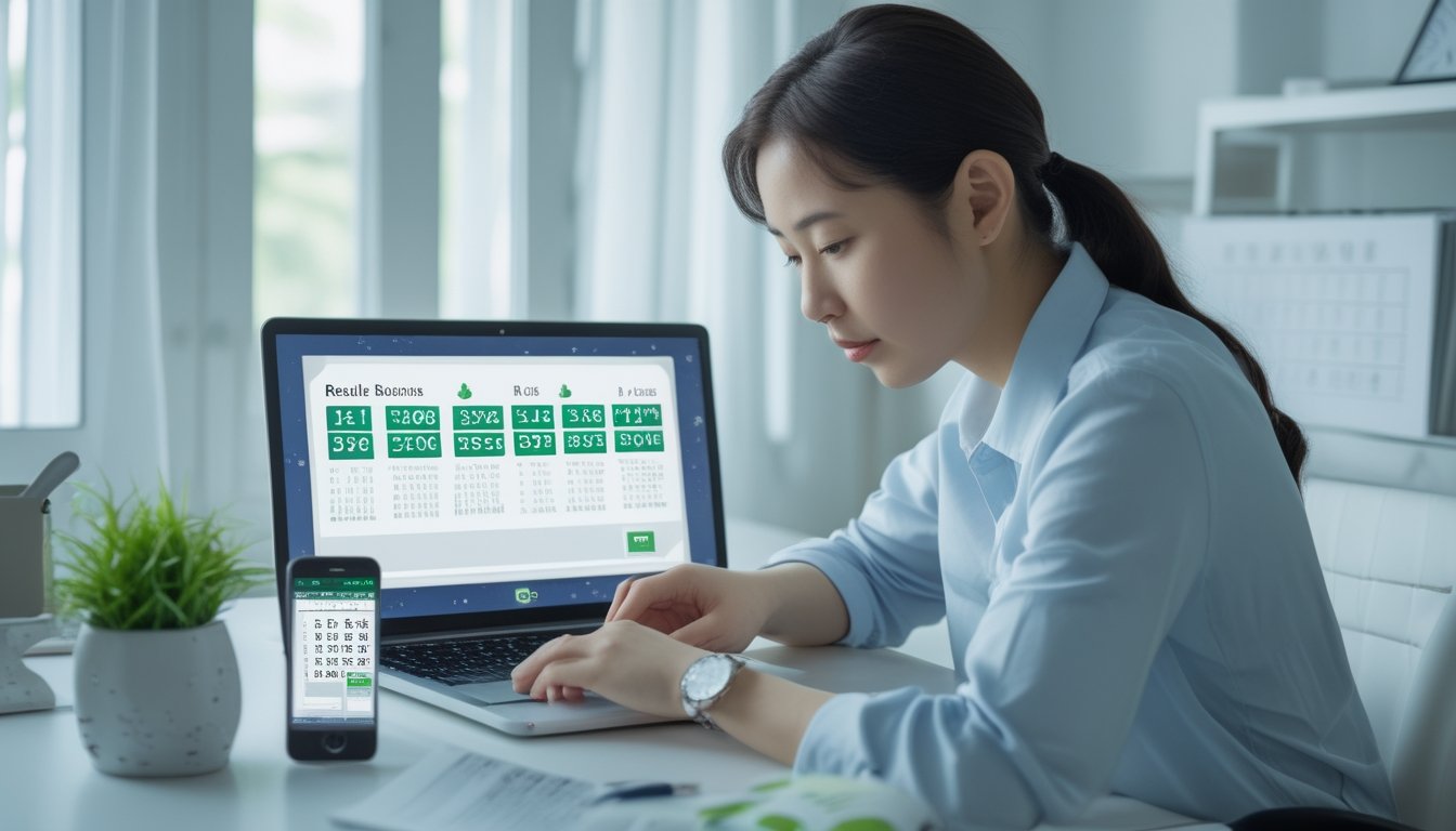 Seseorang memeriksa informasi hasil angka dan jadwal pengumuman pada laptop dan ponsel di ruang kerja modern.