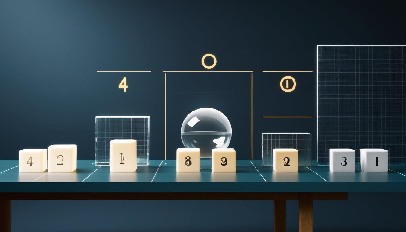 Tiga susunan objek geometris abstrak yang membandingkan sistem angka secara visual di atas meja modern.