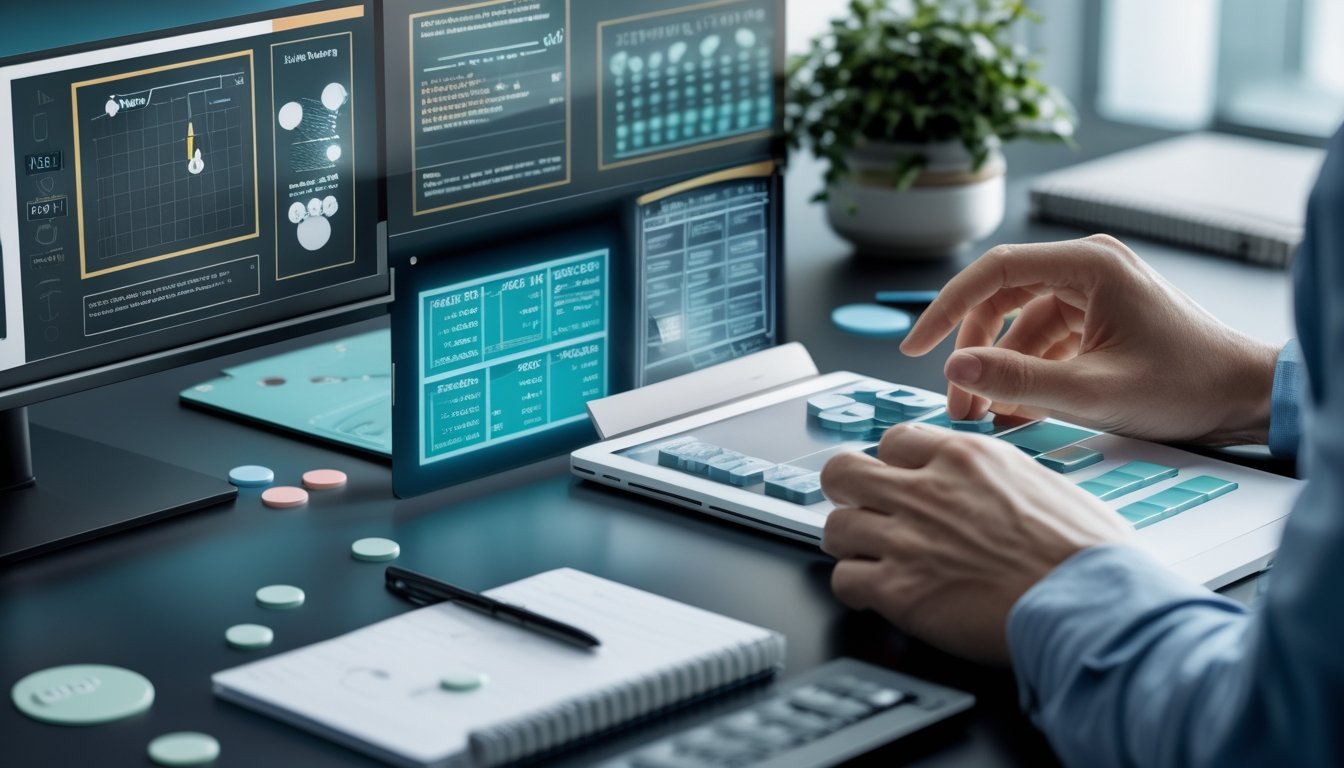 Meja kerja modern dengan laptop, ponsel, kalkulator, dan token angka untuk menggambarkan struktur taruhan.