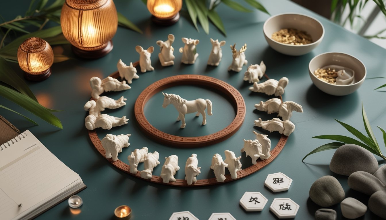 Susunan simbol zodiak Tionghoa dengan kuda sebagai pusat, dikelilingi elemen alam dan benda-benda untuk perencanaan angka.