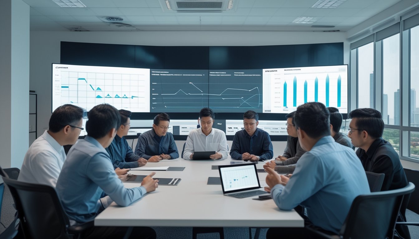 Sekelompok orang dewasa berdiskusi dan menganalisis data dalam ruang kerja modern.
