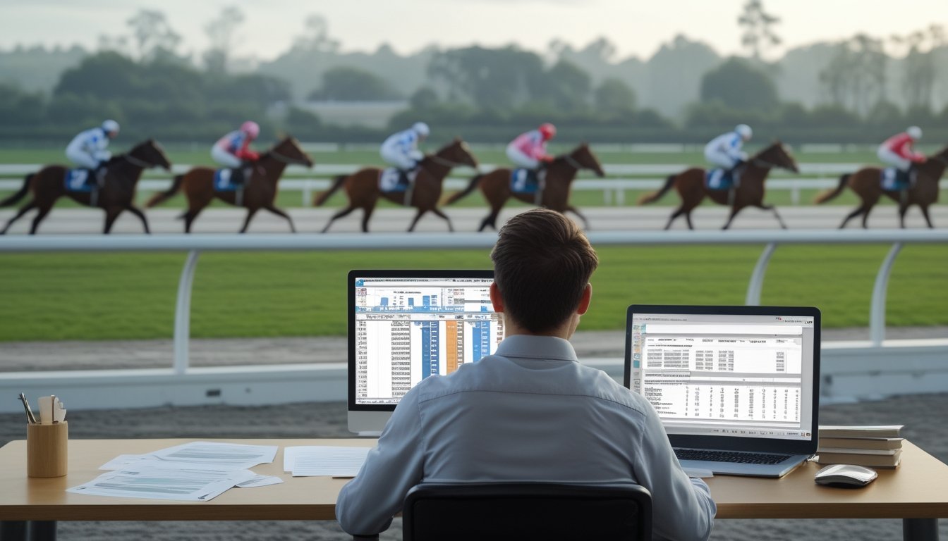 Seorang analis pemula mempelajari data performa kuda sambil mengamati balapan di arena.