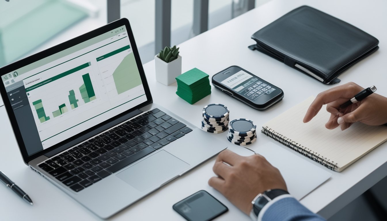 Meja kerja dengan laptop, buku anggaran, kalkulator, dan token taruhan yang ditata secara teratur.