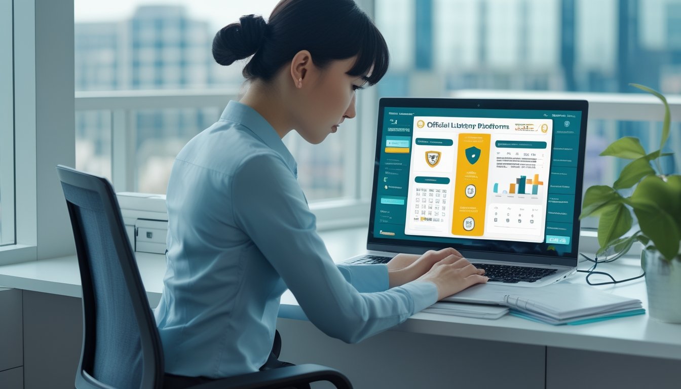 Seorang profesional membandingkan informasi verifikasi platform digital di meja kerja modern.