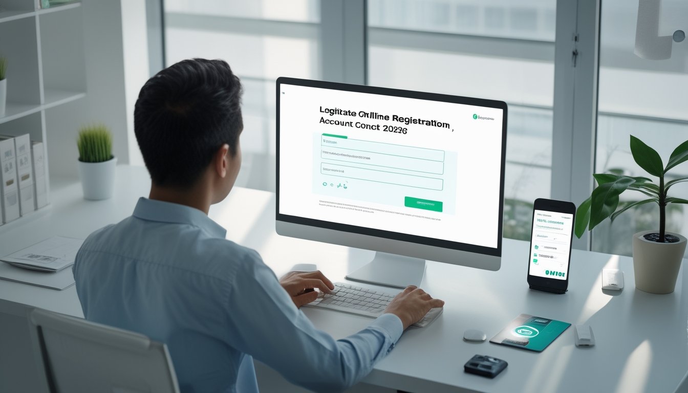 Seseorang mengisi formulir pendaftaran daring di laptop dengan ponsel dan kartu pembayaran di meja.