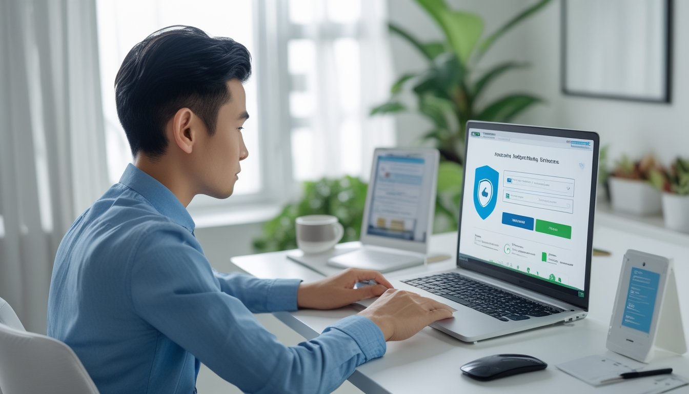 Seorang pengguna memeriksa proses pendaftaran akun digital yang aman di laptop dalam ruang kerja modern.