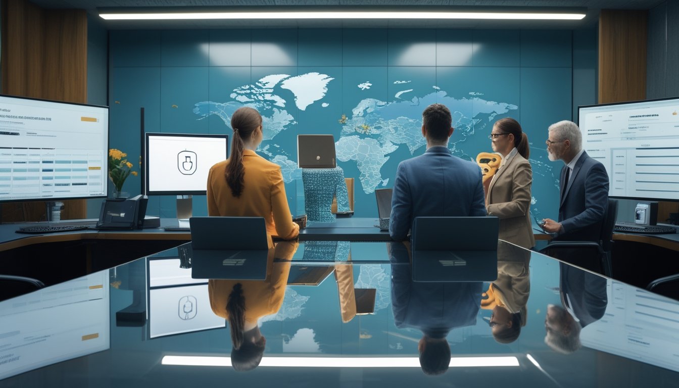 Tim profesional memeriksa keamanan dan kepatuhan platform digital di ruang kerja modern.