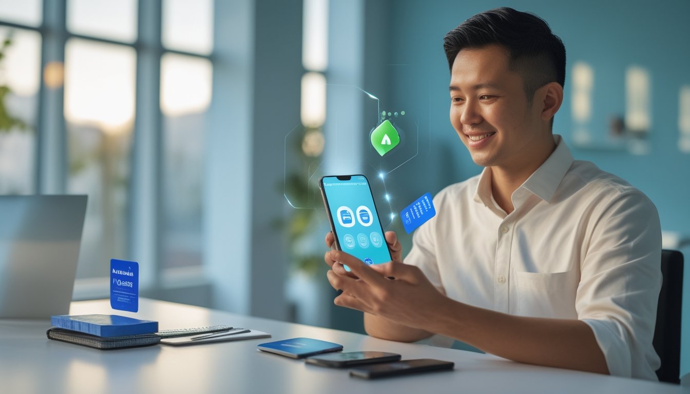 Seseorang menggunakan ponsel untuk melakukan pembayaran digital di meja kerja modern.