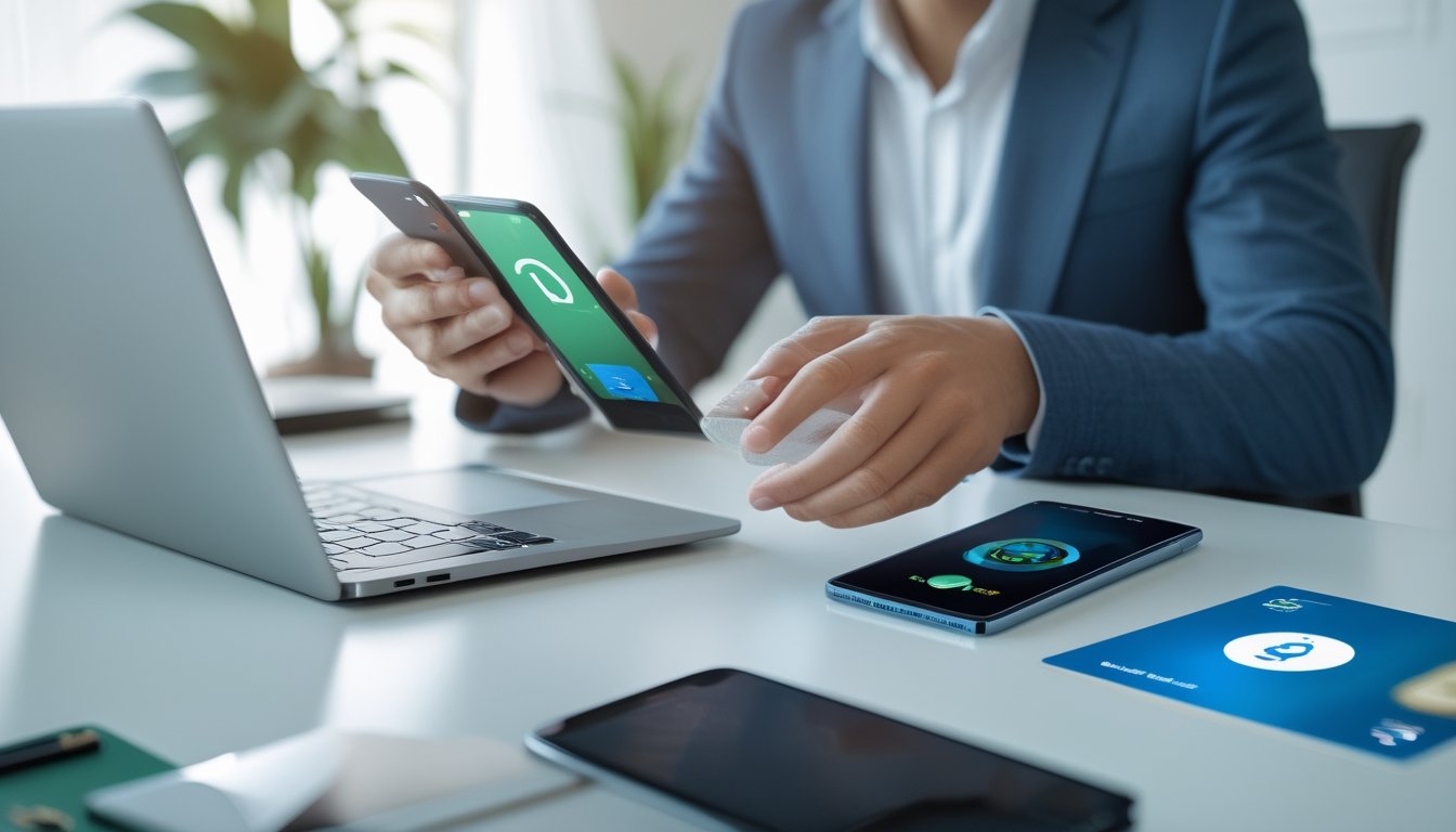 Seseorang menggunakan ponsel untuk melakukan pembayaran digital di meja kerja modern.