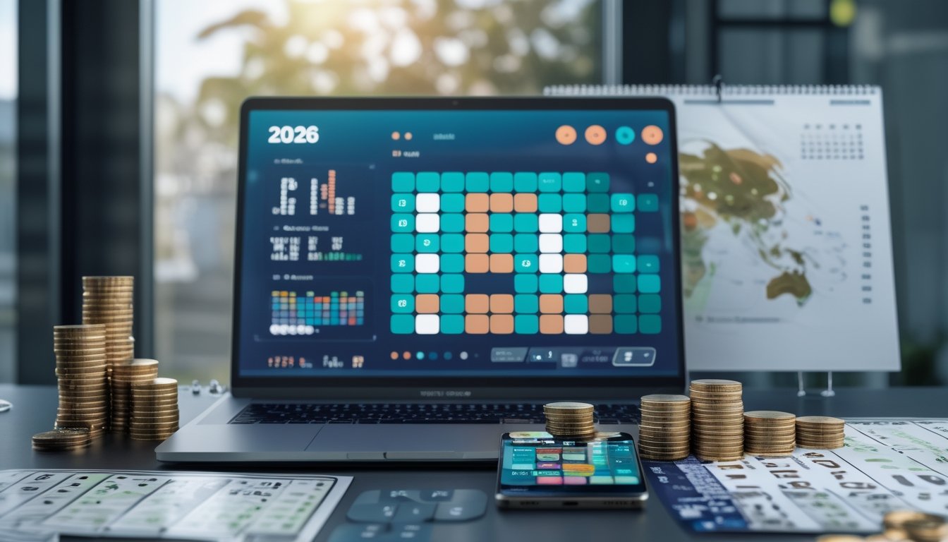 Laptop dan ponsel menampilkan antarmuka angka abstrak di atas meja kerja modern dengan koin, kalkulator, peta dunia, dan kalender.