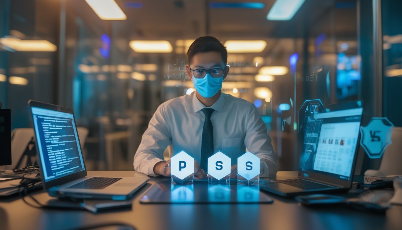 Profesional memeriksa keamanan platform digital di kantor modern dengan simbol perisai dan gembok.