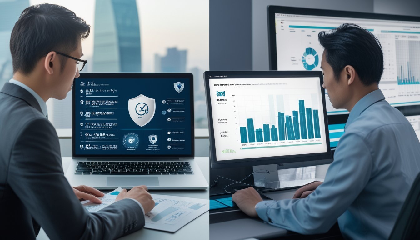 Analis profesional membandingkan data lotere resmi Asia dan operator lokal di ruang kerja modern.
