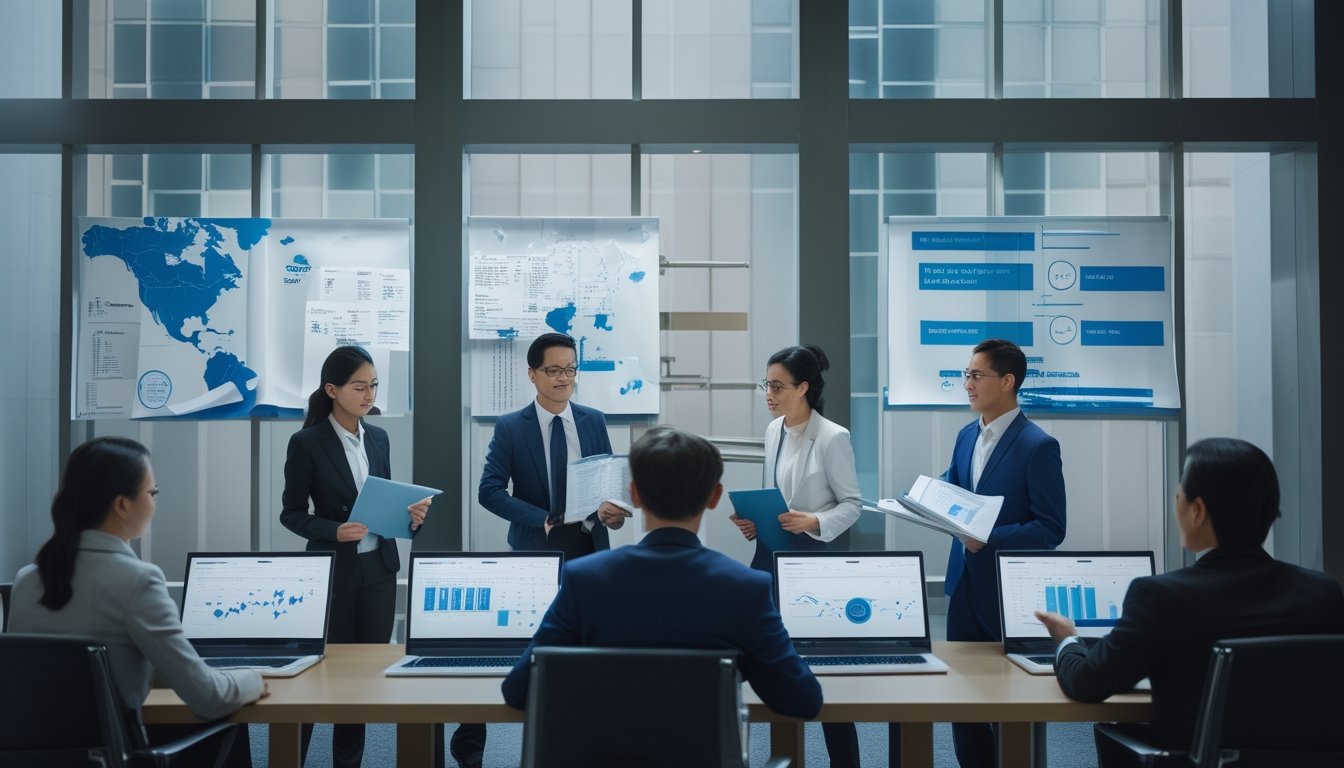 Tim peneliti hukum membandingkan dokumen regulasi operator lotre Asia dan lokal dalam ruang rapat modern.