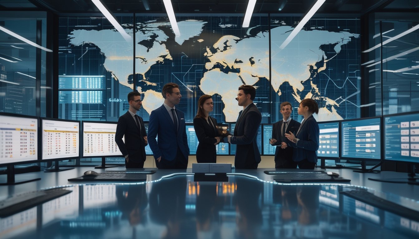 Sekelompok profesional menganalisis data undian langsung pada layar digital di kantor modern.