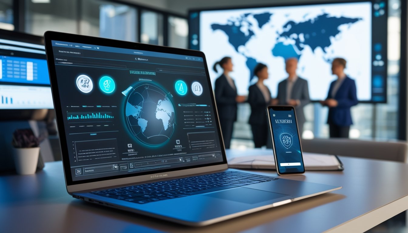 Tim profesional menilai platform live draw melalui laptop dan ponsel di ruang kerja modern.