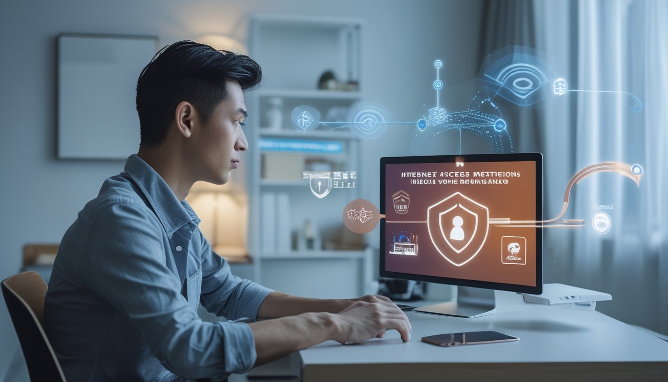 Seseorang menggunakan laptop dengan tampilan simbol keamanan internet dan peringatan koneksi.