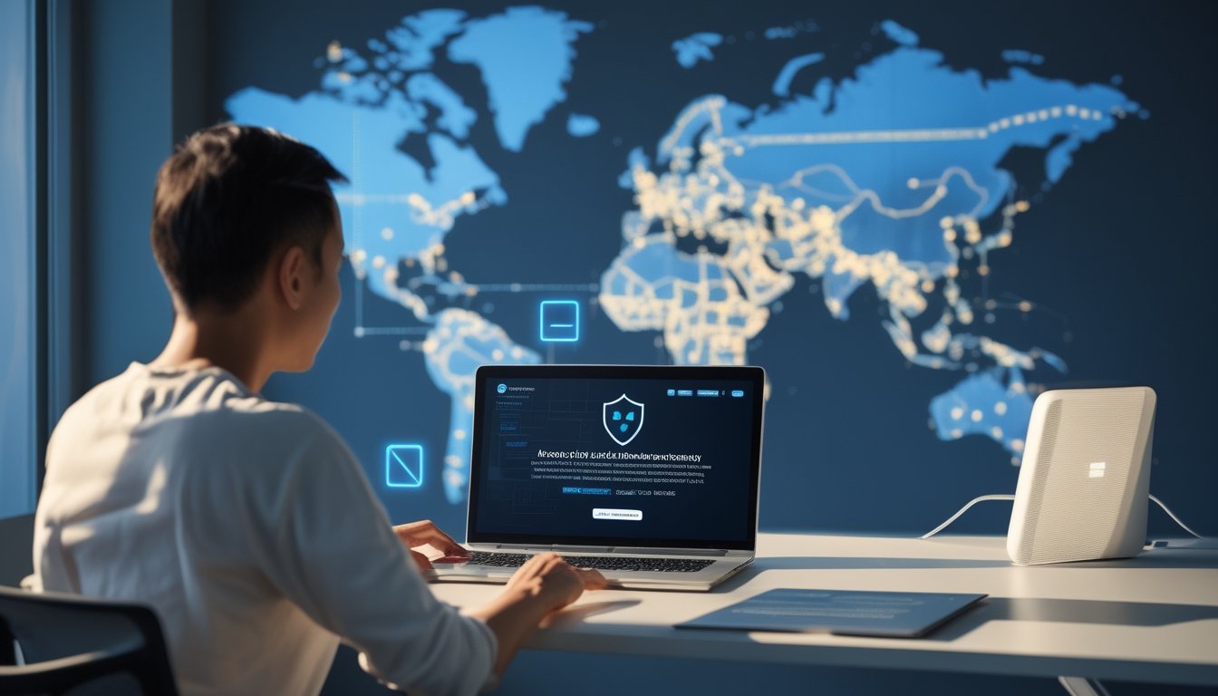 Seseorang melihat peringatan keamanan akses internet di laptop dalam ruang kerja modern.
