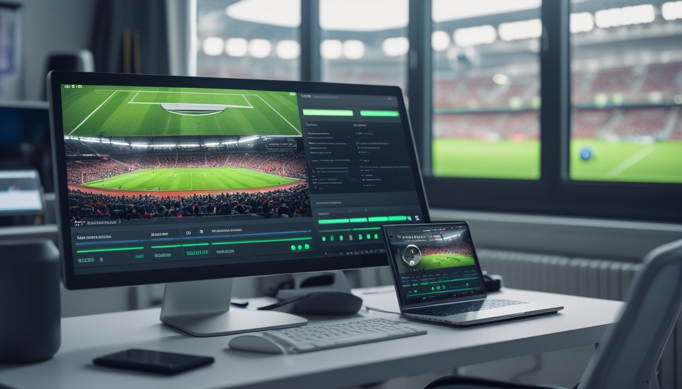 Monitor menampilkan pertandingan sepak bola secara langsung di ruang kerja modern.