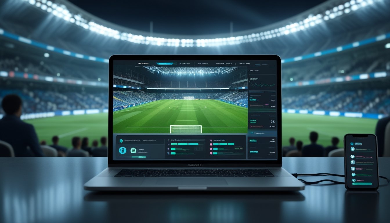 Penonton menyaksikan pertandingan sepak bola melalui layar besar dan perangkat digital.