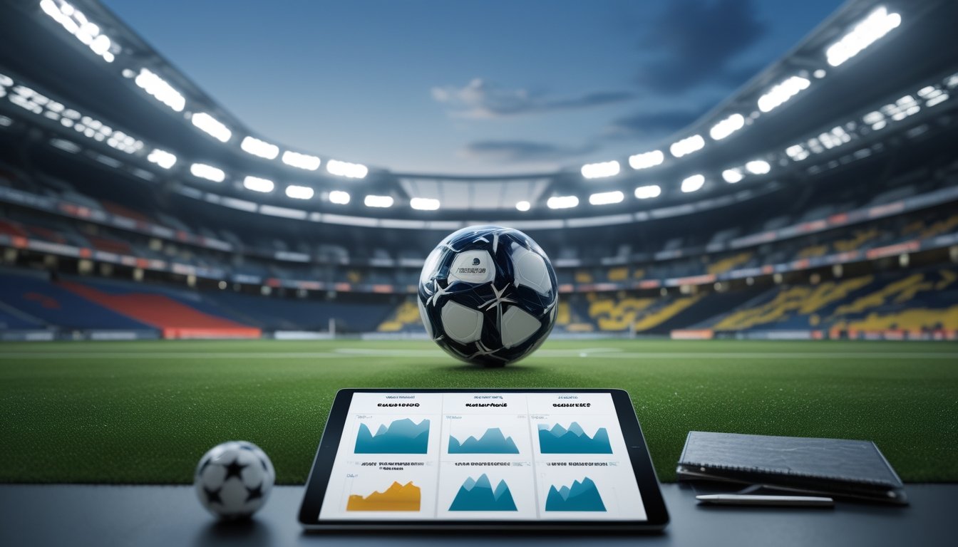 Bola sepak di padang stadion dengan tablet analisis pertandingan dan cahaya stadion di latar belakang.