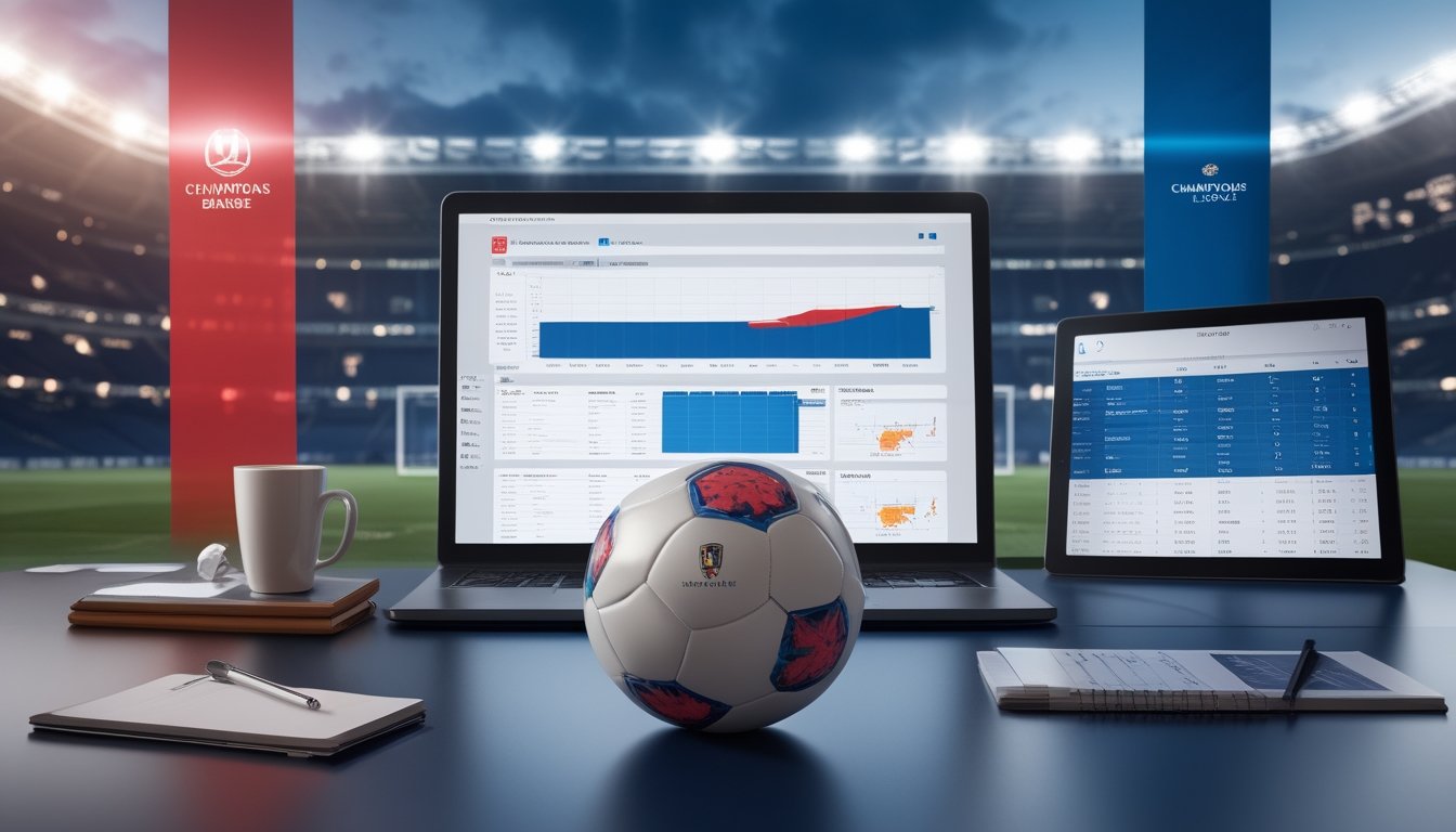 Bola sepak di ruang analisis dengan stadion dan tampilan data pertandingan yang abstrak di latar belakang.