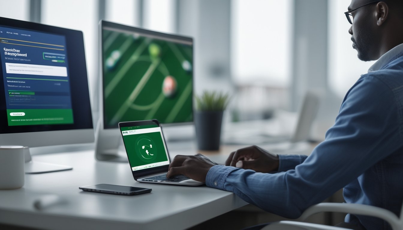 Orang dewasa menggunakan laptop dan ponsel di meja kerja modern dengan latar stadion sepak bola yang buram.