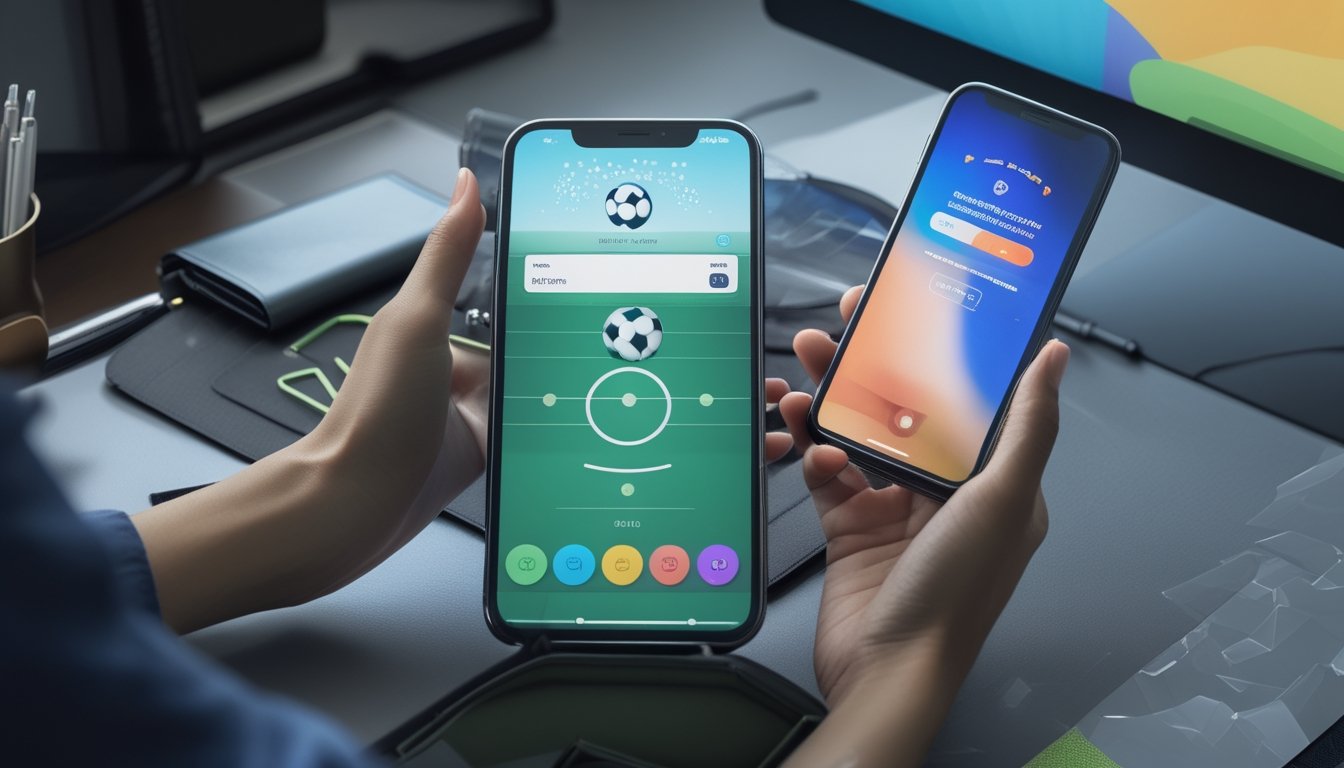 Dua ponsel menampilkan antarmuka sepak bola dan pembayaran digital di atas meja modern.