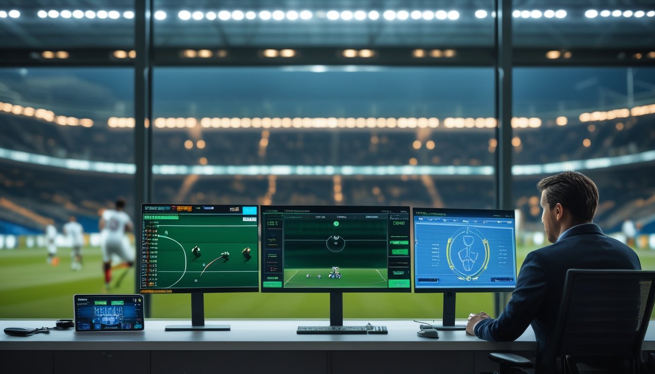 Analis memantau data pertandingan sepak bola secara langsung di ruang kerja modern dengan stadion terlihat di latar belakang.
