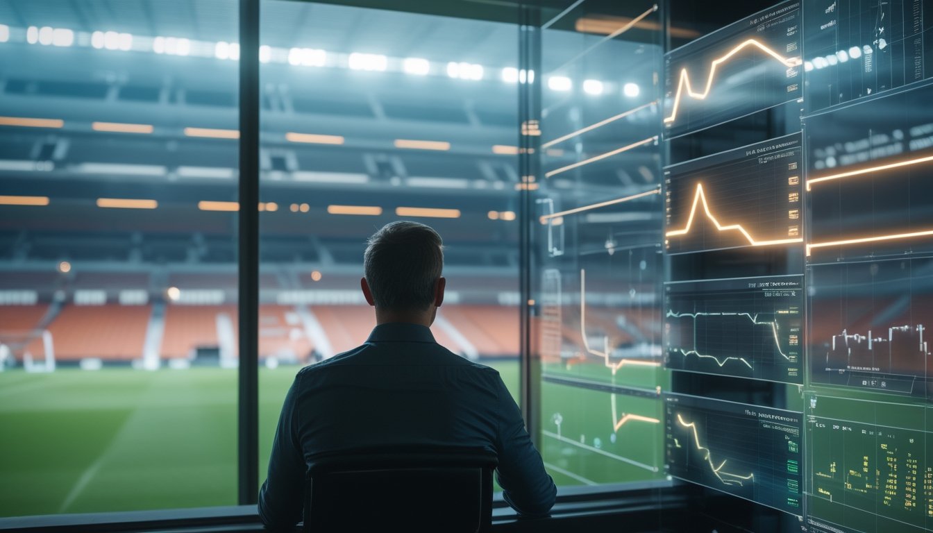 Analis olahraga memantau pertandingan sepak bola langsung dan grafik data waktu nyata di ruang modern.