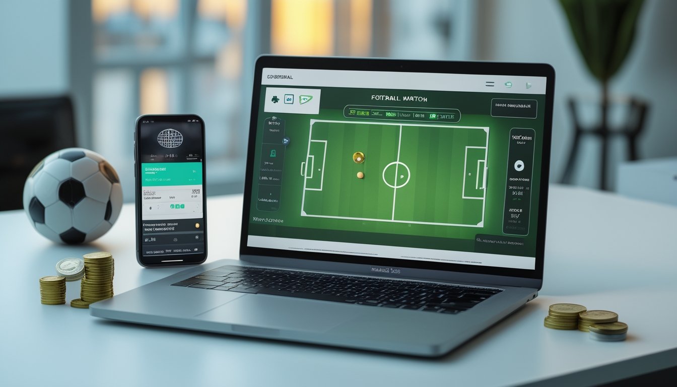 Ponsel dan laptop menampilkan antarmuka pertandingan sepak bola dengan bola dan koin di atas meja.