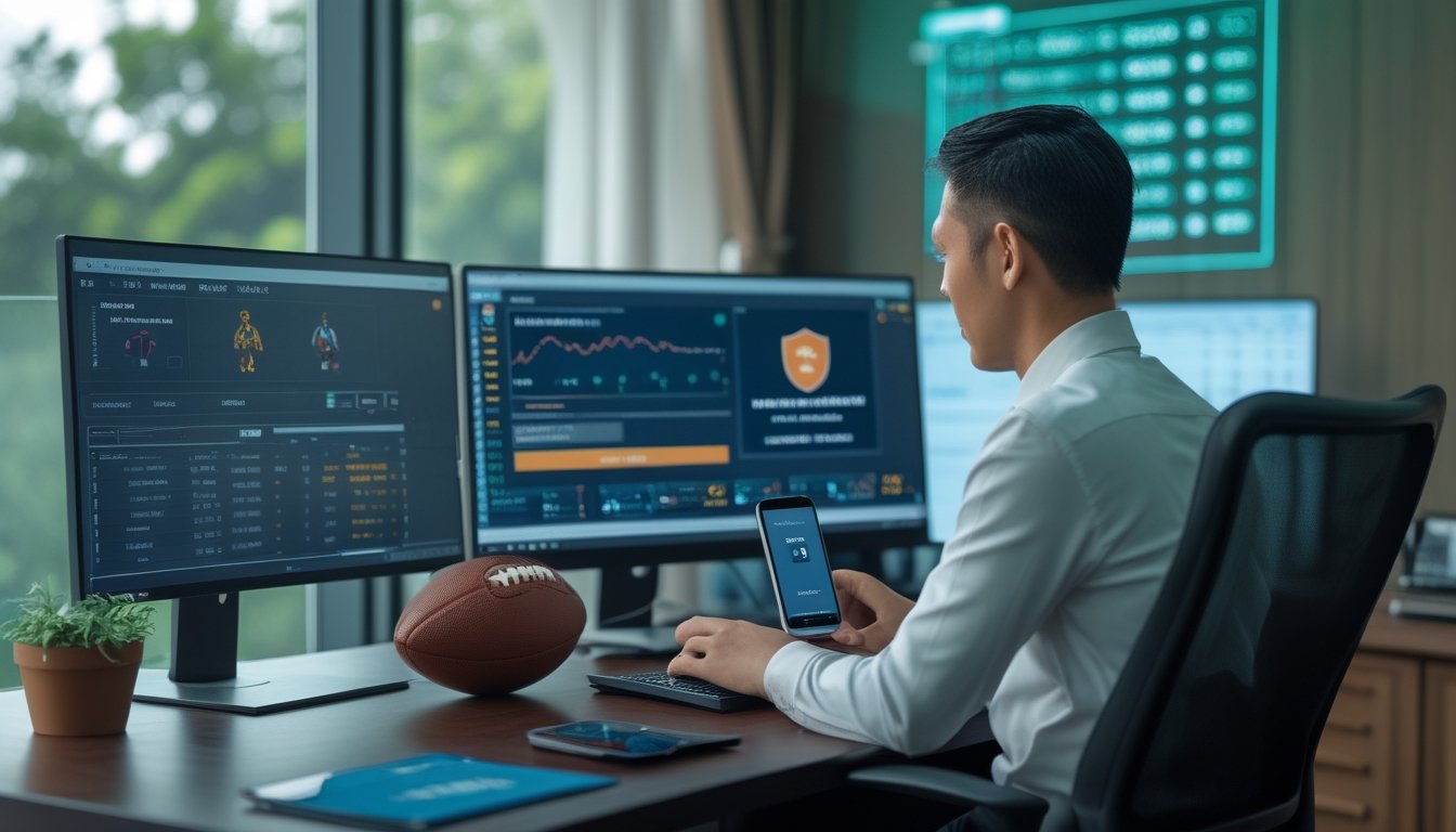 Analis olahraga Indonesia meninjau statistik sepak bola di laptop dengan simbol keamanan digital di meja.
