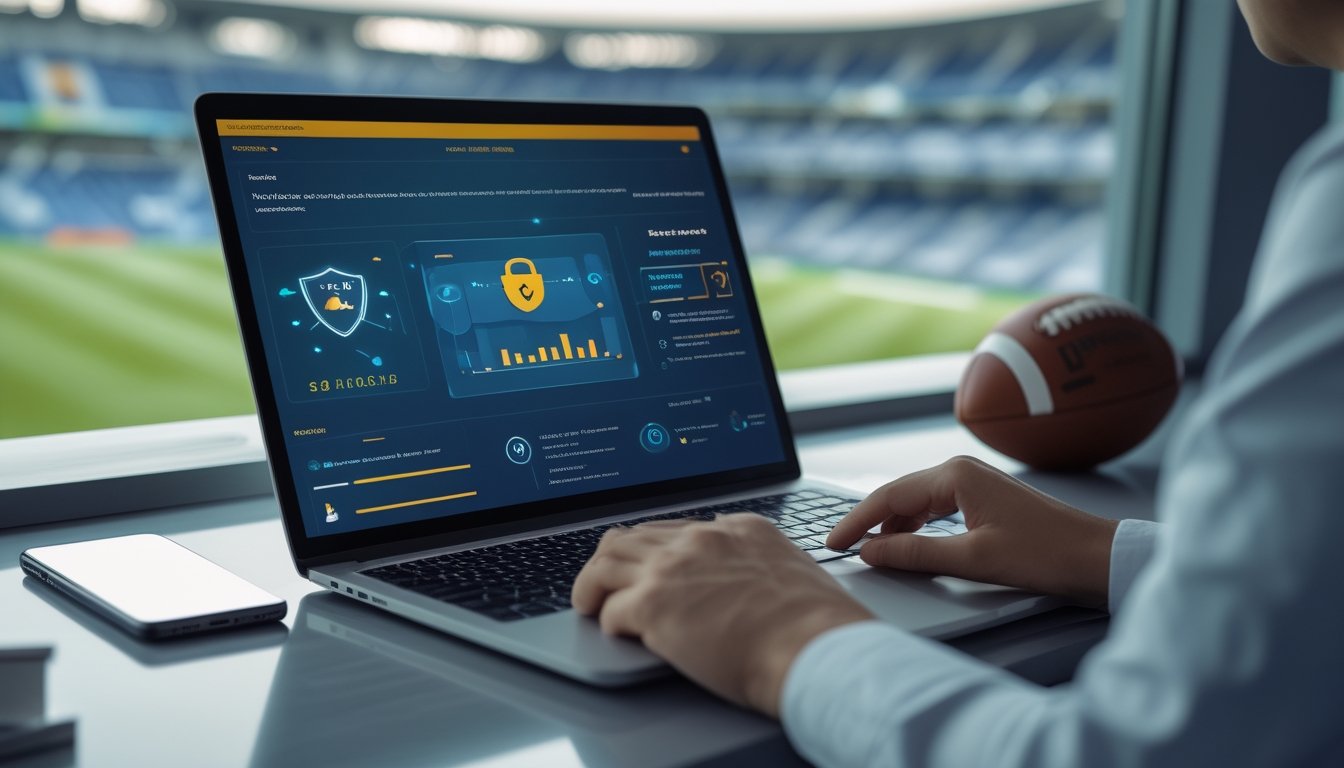 Seseorang memeriksa keamanan platform sepak bola digital di laptop dengan simbol perisai dan gembok.