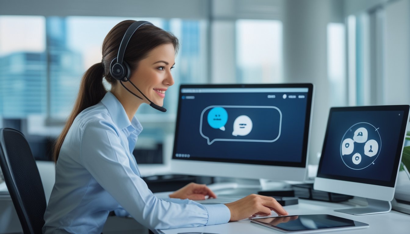 Petugas layanan pelanggan membantu pengguna melalui percakapan digital di kantor modern.