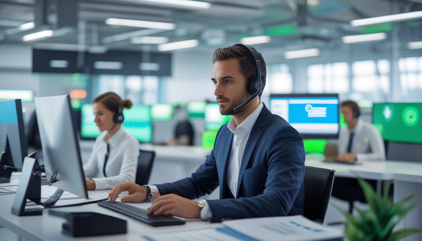 Tim layanan pelanggan profesional membantu pengguna melalui live chat di kantor modern.