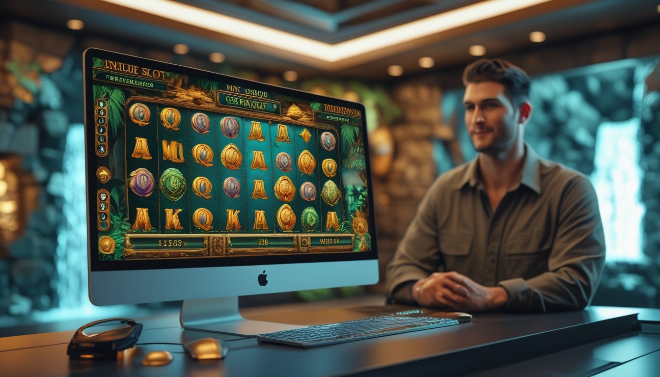 Monitor menampilkan permainan slot bertema petualangan hutan dan harta karun di meja modern.