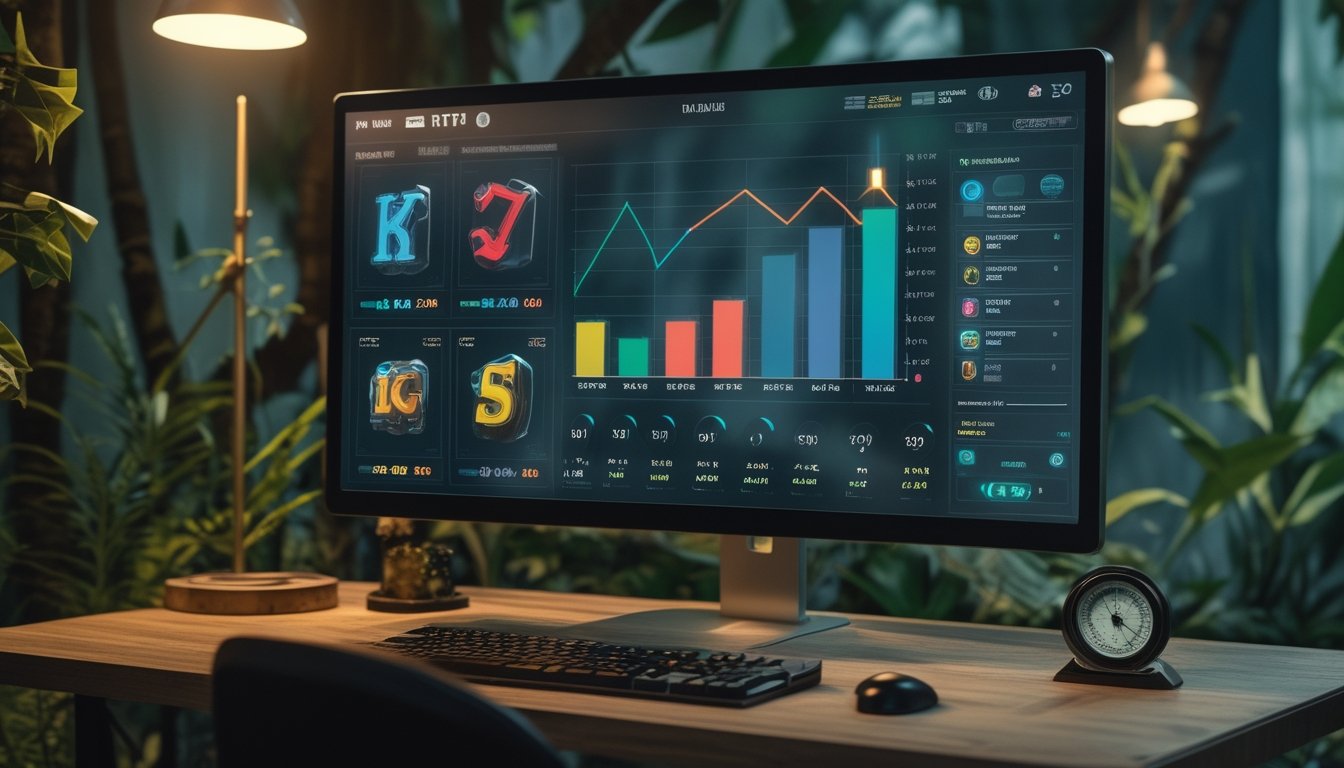 Meja analisis permainan digital dengan layar yang menampilkan grafik performa dan elemen mesin slot bertema petualangan hutan.