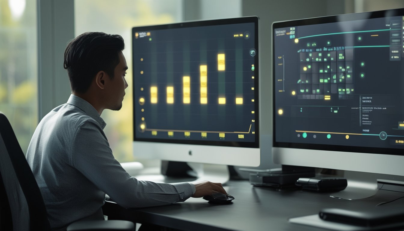 Seseorang menganalisis permainan jatuh bebas abstrak dan grafik strategi di meja kerja modern.